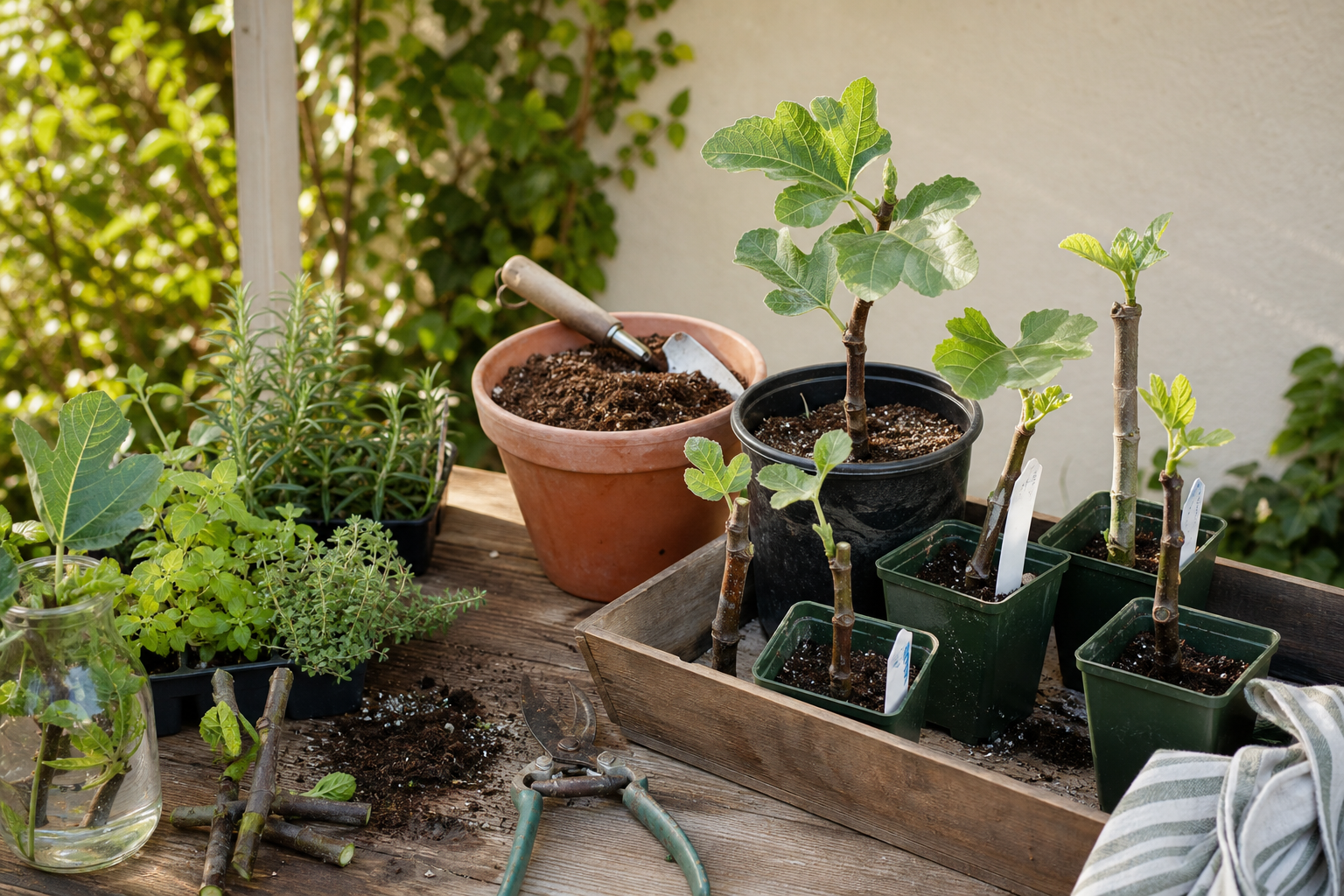 Fig cuttings, herb starts, soil, and hand tools on an outdoor potting table.